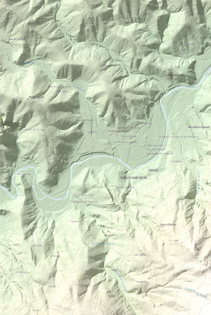 Mapa de relieve de Piló de Bellmaig, 1281 m, Vallespir, lámina 100 Cims de Trobart. Detalle de la zona superior izquierda. 61 × 91 cm.