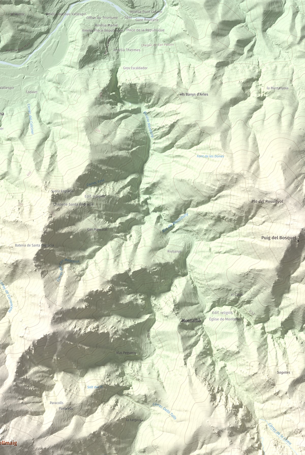 Mapa de relieve de Piló de Bellmaig, 1281 m, Vallespir, lámina 100 Cims de Trobart. Detalle de la zona superior derecha. 61 × 91 cm.