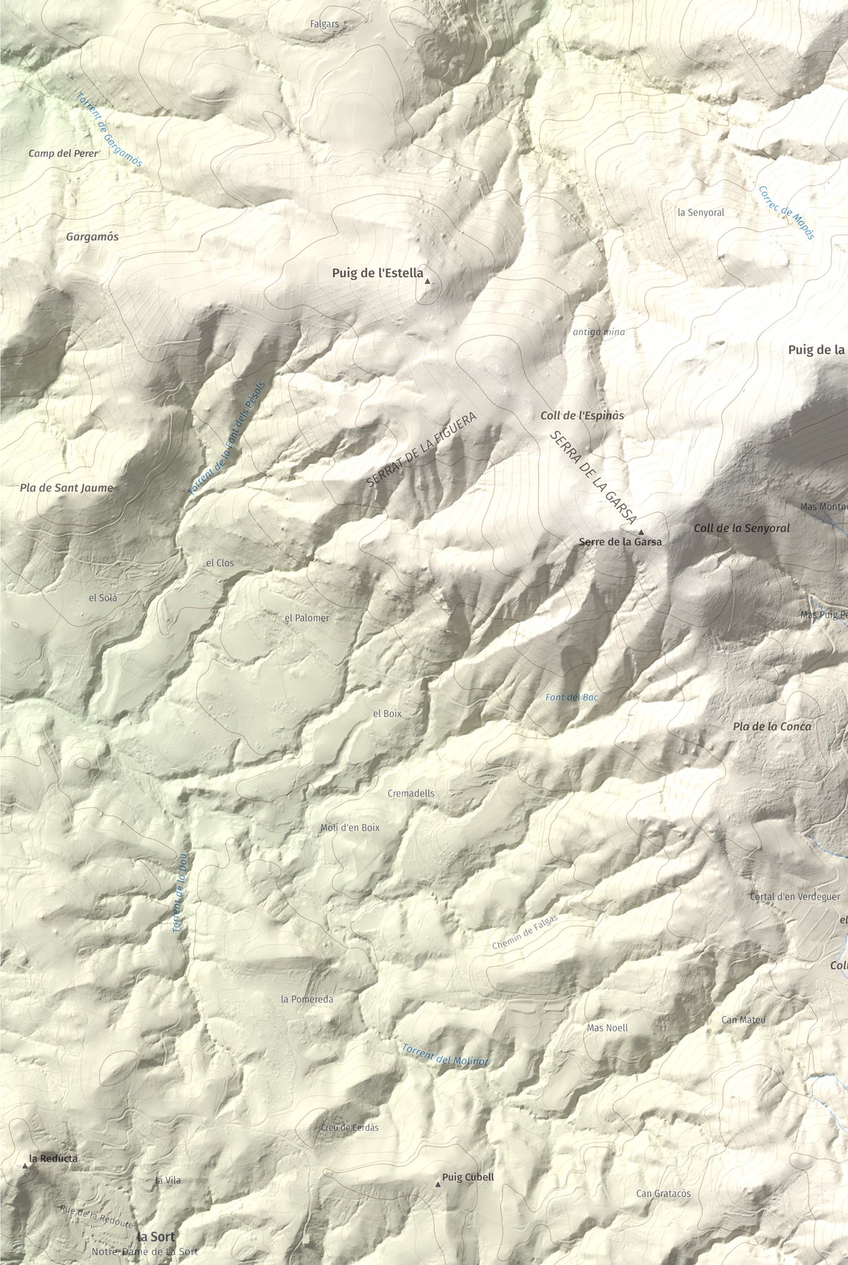 Mapa de relieve de Piló de Bellmaig, 1281 m, Vallespir, lámina 100 Cims de Trobart. Detalle de la zona inferior izquierda. 61 × 91 cm.
