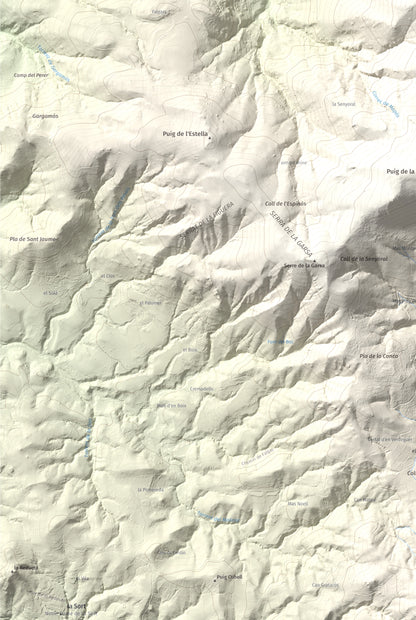Mapa de relieve de Piló de Bellmaig, 1281 m, Vallespir, lámina 100 Cims de Trobart. Detalle de la zona inferior izquierda. 61 × 91 cm.