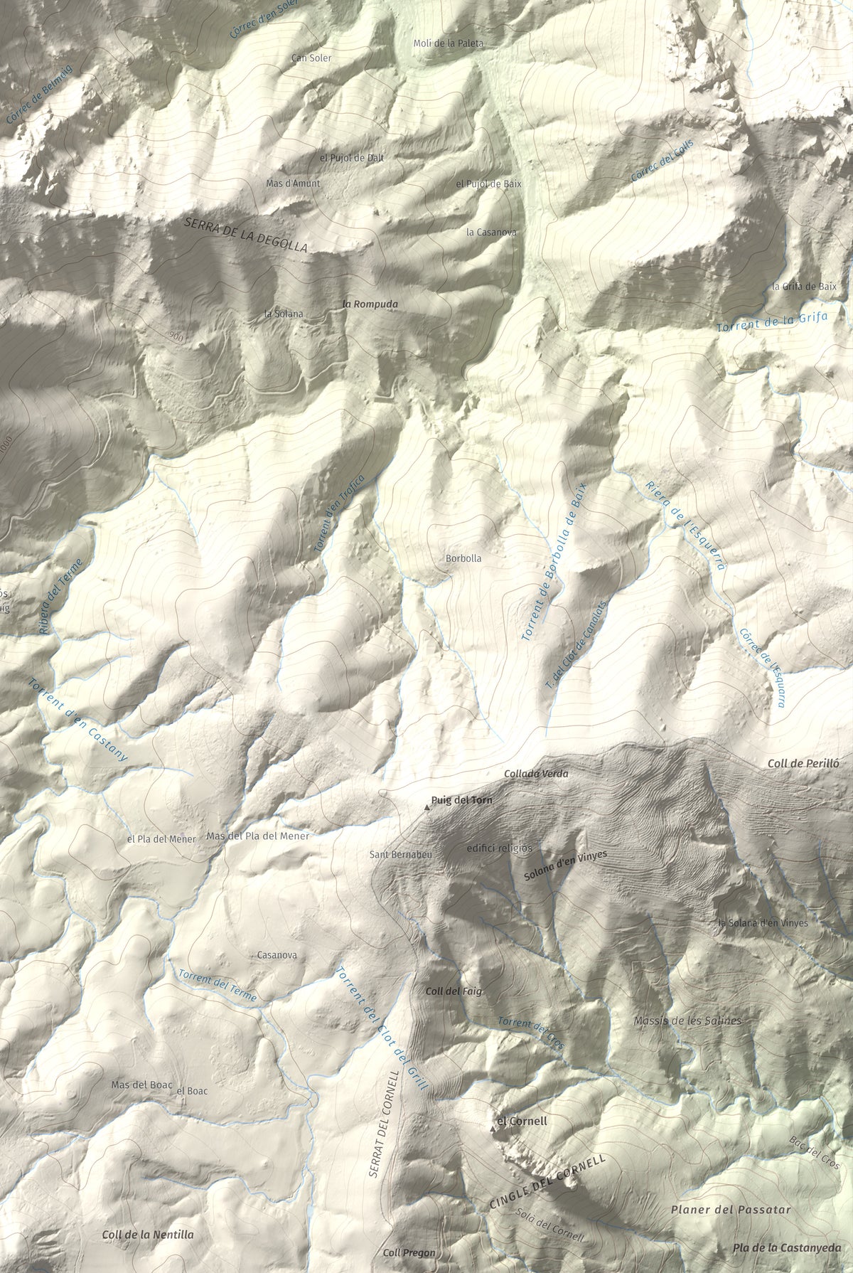 Mapa de relieve de Piló de Bellmaig, 1281 m, Vallespir, lámina 100 Cims de Trobart. Detalle de la zona inferior derecha. 61 × 91 cm.