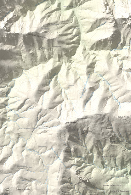 Mapa de relieve de Piló de Bellmaig, 1281 m, Vallespir, lámina 100 Cims de Trobart. Detalle de la zona inferior derecha. 61 × 91 cm.