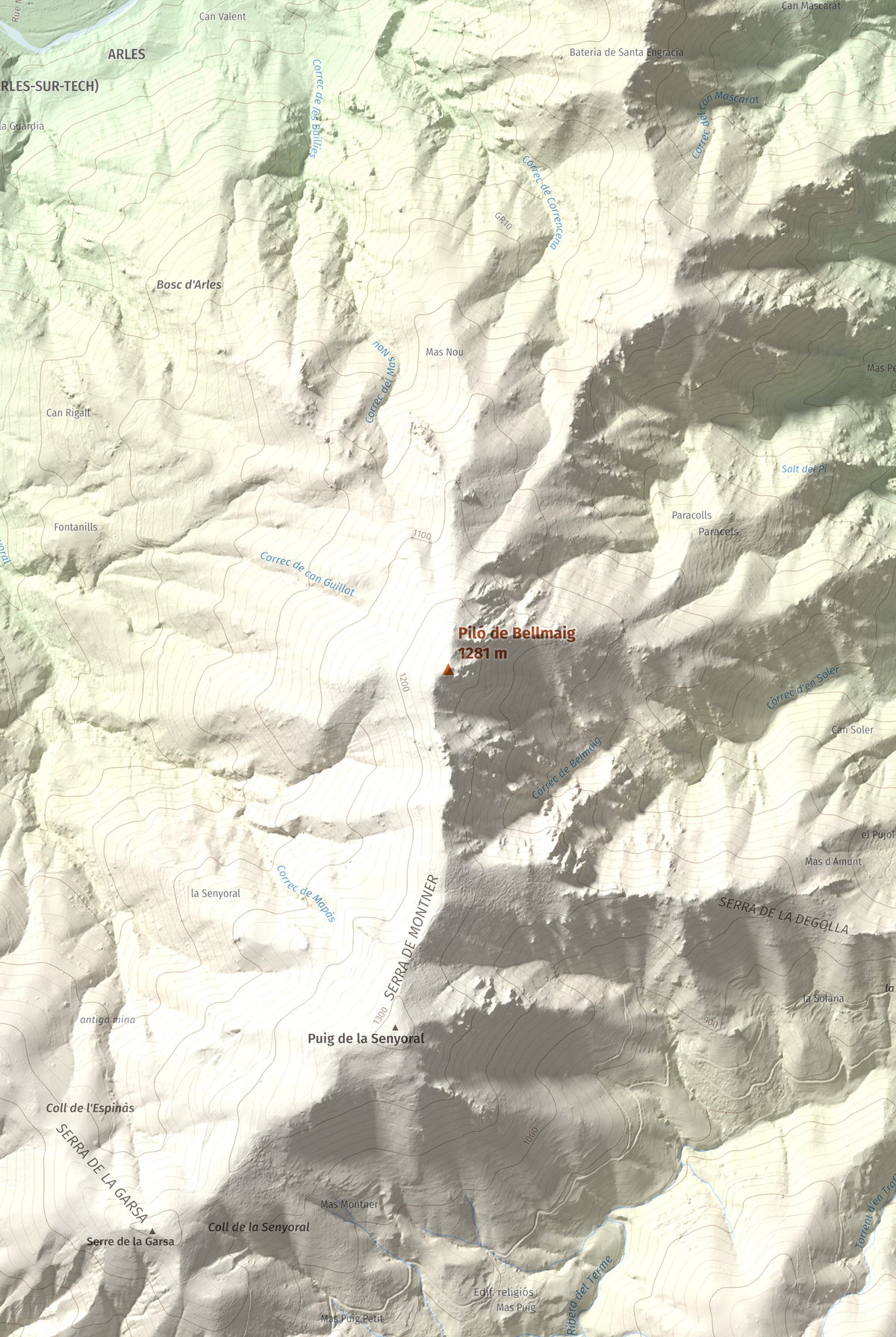 Mapa de relieve de Piló de Bellmaig, 1281 m, Vallespir, lámina 100 Cims de Trobart. Detalle de la zona central. 61 × 91 cm.