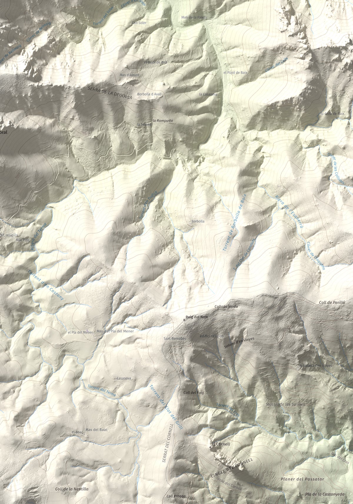 Mapa de relieve de Piló de Bellmaig, 1281 m, Vallespir, lámina 100 Cims de Trobart. Detalle de la zona inferior derecha. 70 × 100 cm.