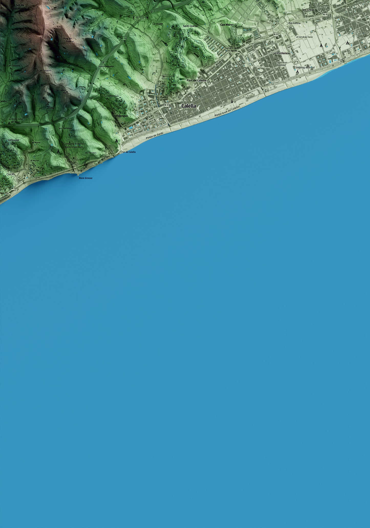 Mapa artístico del relieve de Pineda de Mar, al Maresme, con 15 km de entorno y base topográfica ICGC. Detalle de la zona inferior izquierda.