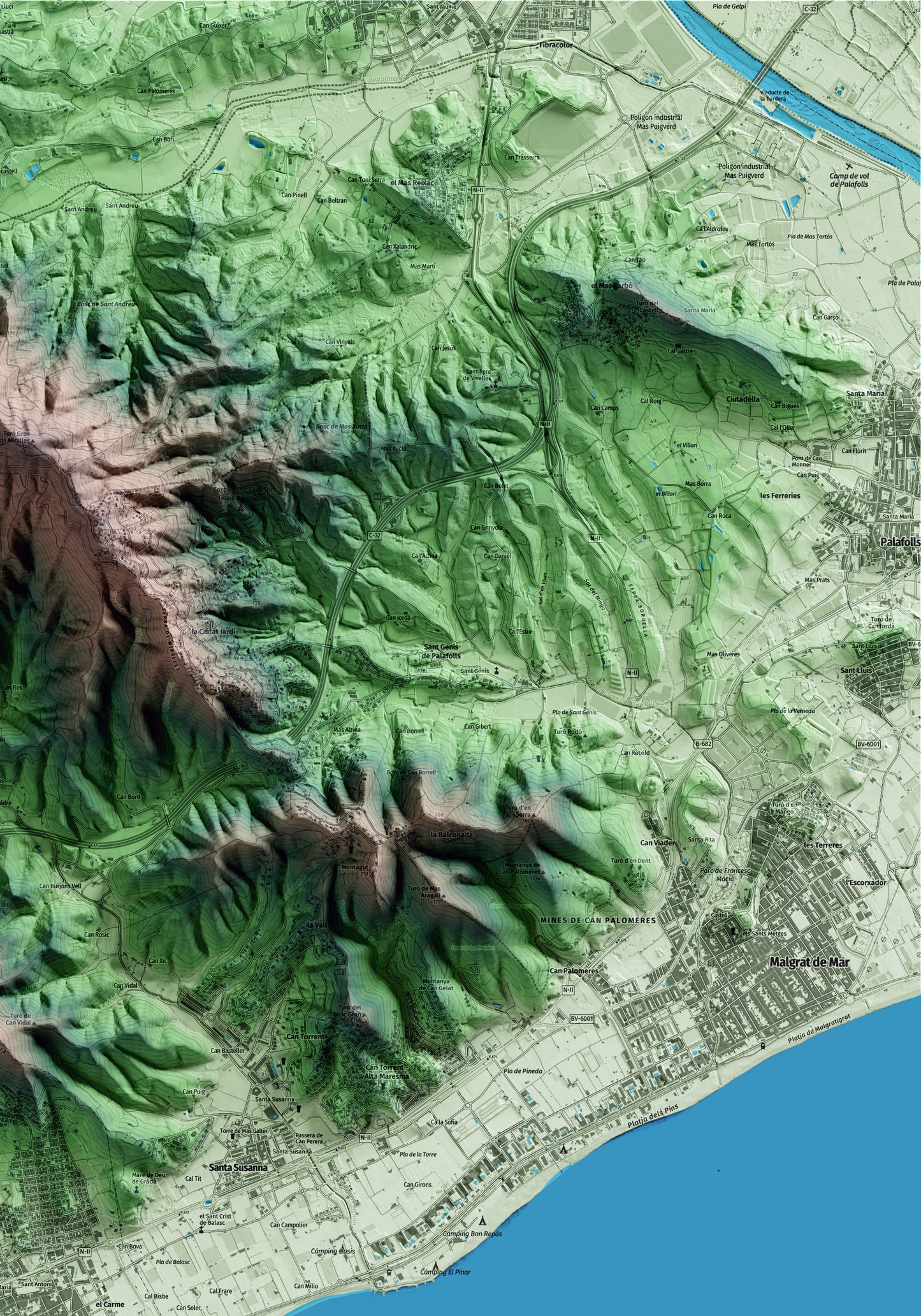 Mapa artístico del relieve de Pineda de Mar, al Maresme, con 15 km de entorno y base topográfica ICGC. Detalle de la zona superior derecha.