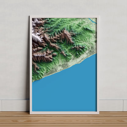Mapa artístico del relieve de Pineda de Mar, al Maresme, con 15 km de entorno y base topográfica ICGC. Presentación enmarcada.