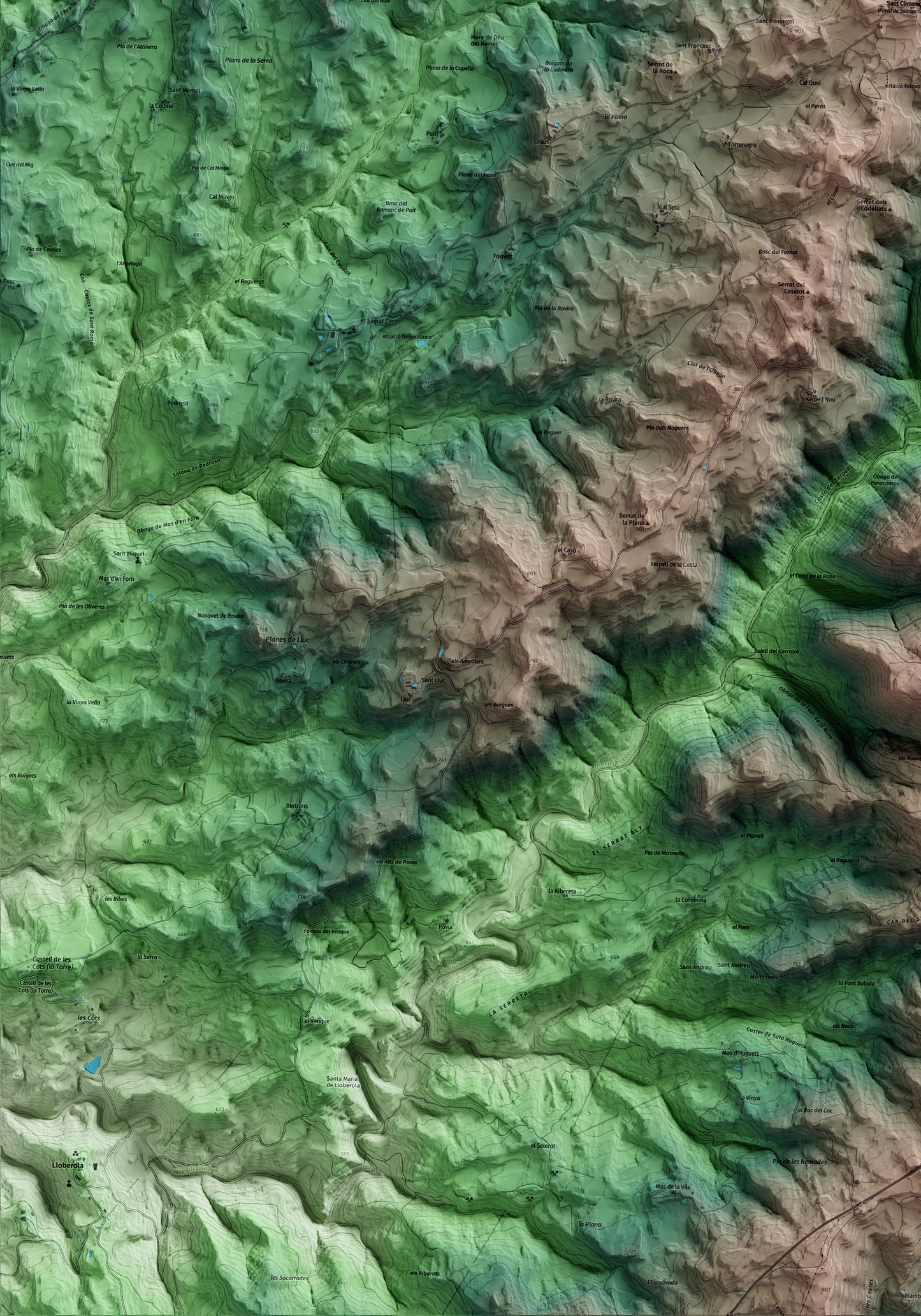 Mapa artístico del relieve de Pinell de Solsonès, al Solsonès, con 15 km de entorno y base topográfica ICGC. Detalle de la zona inferior izquierda.