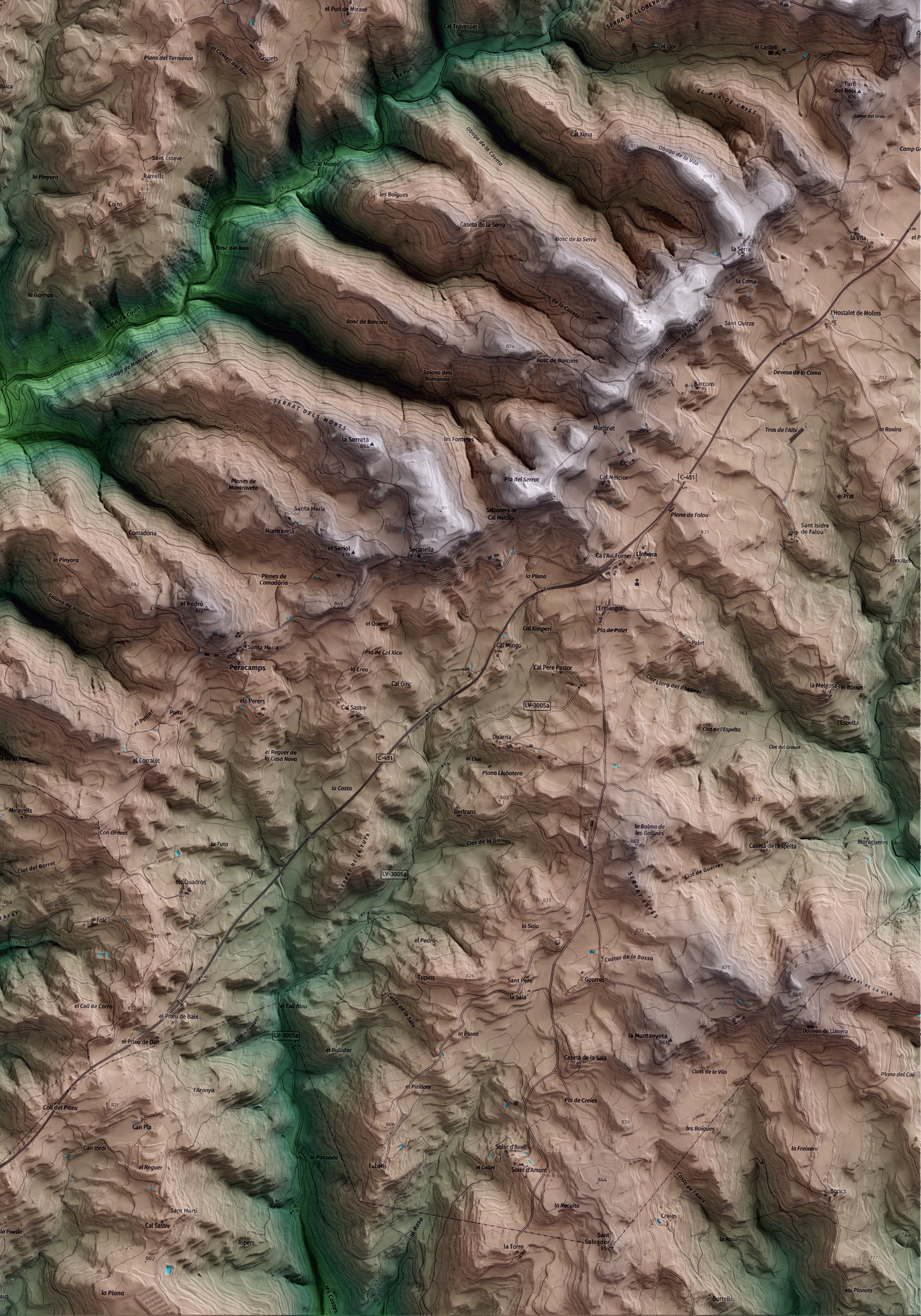 Mapa artístico del relieve de Pinell de Solsonès, al Solsonès, con 15 km de entorno y base topográfica ICGC. Detalle de la zona inferior derecha.