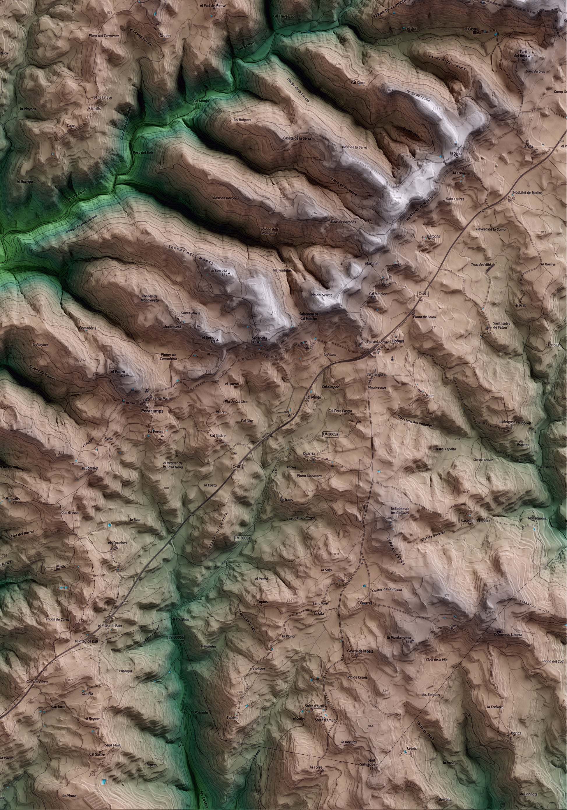 Mapa artístico del relieve de Pinell de Solsonès, al Solsonès, con 15 km de entorno y base topográfica ICGC. Detalle de la zona inferior derecha.