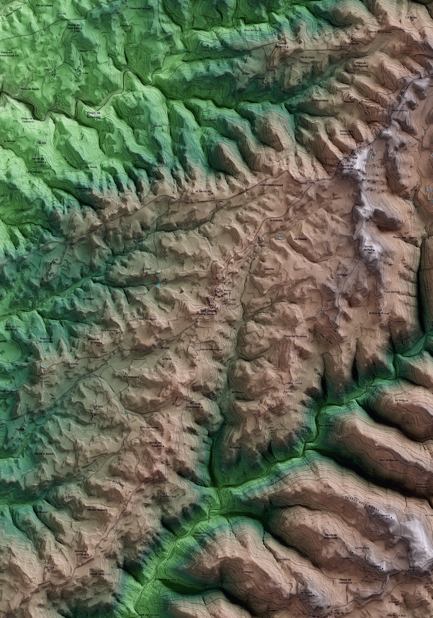 Mapa artístico del relieve de Pinell de Solsonès, al Solsonès, con 15 km de entorno y base topográfica ICGC. Detalle de la zona central.