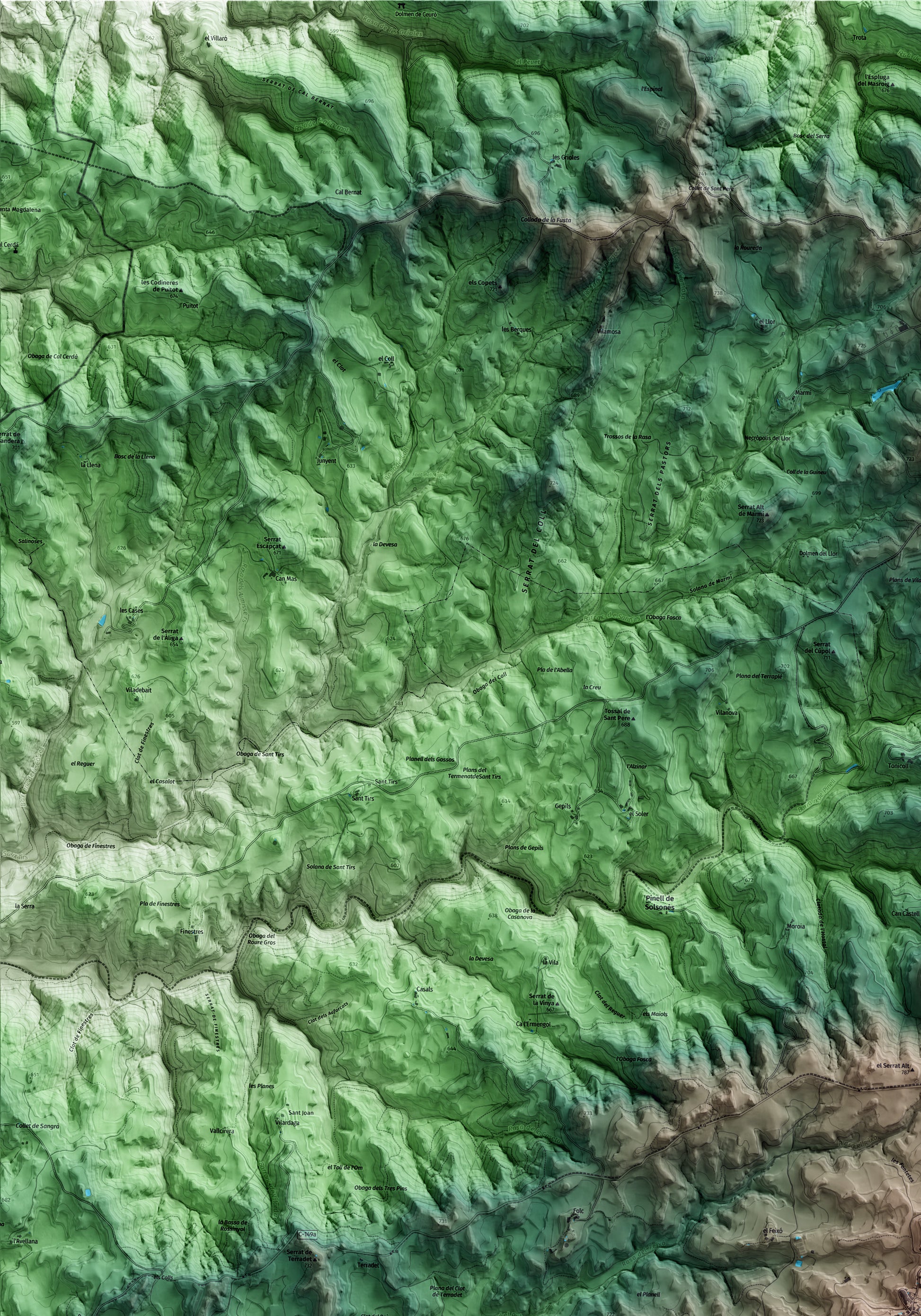 Mapa artístico del relieve de Pinell de Solsonès, al Solsonès, con 15 km de entorno y base topográfica ICGC. Detalle de la zona superior izquierda.