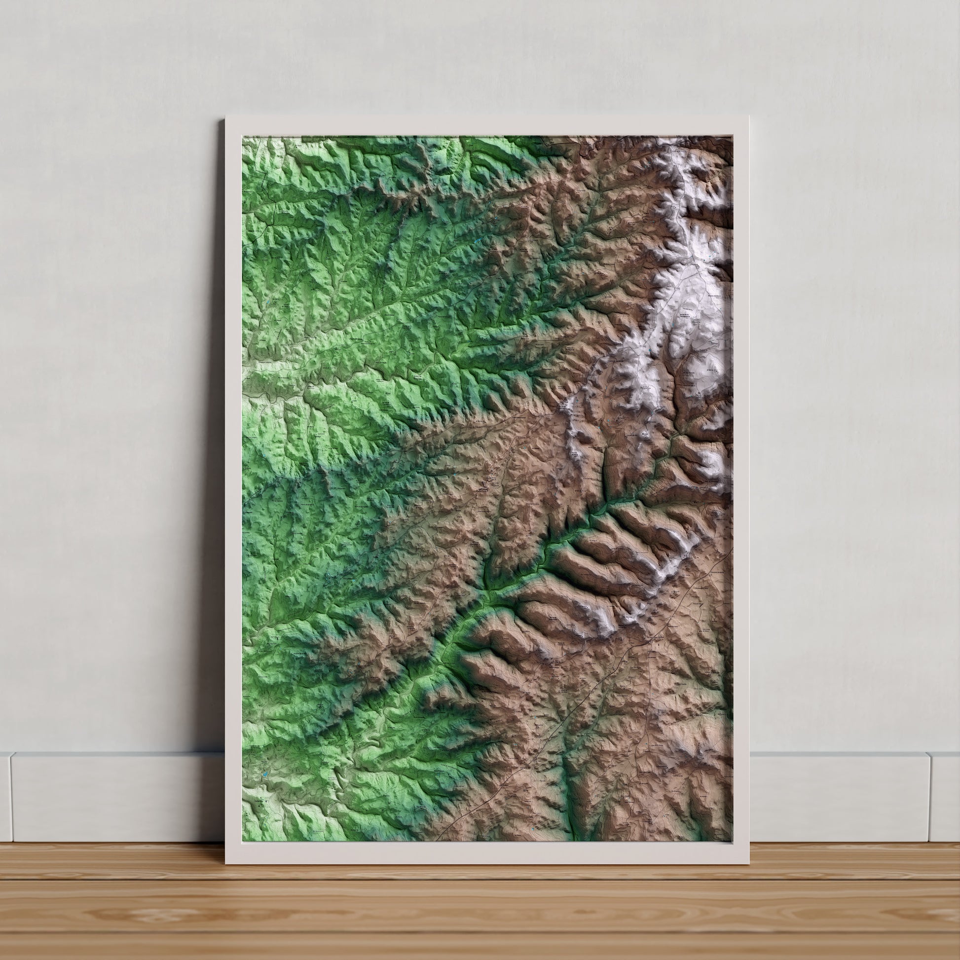Mapa artístico del relieve de Pinell de Solsonès, al Solsonès, con 15 km de entorno y base topográfica ICGC. Presentación enmarcada.
