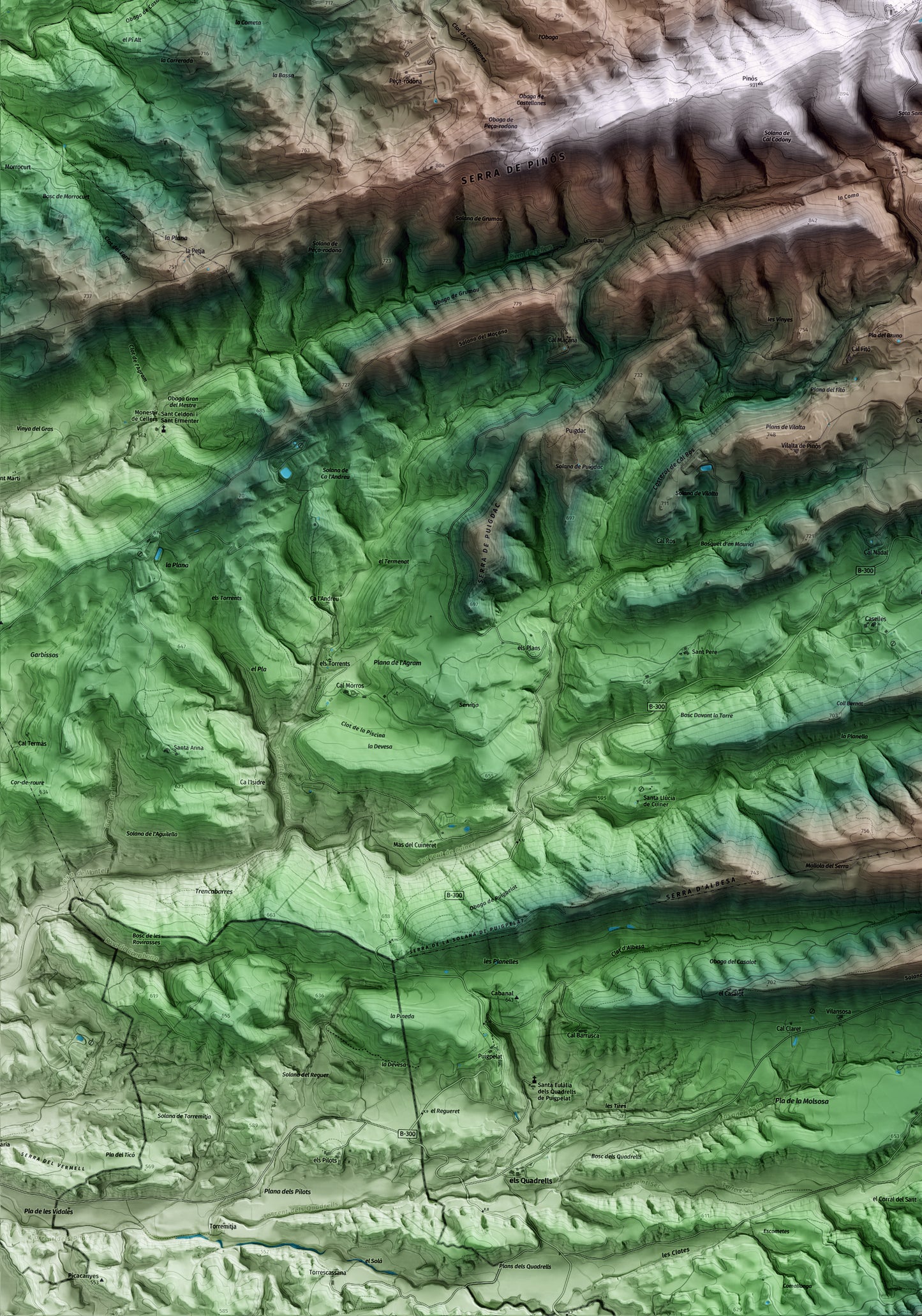 Mapa artístico del relieve de Pinós, al Solsonès, con 15 km de entorno y base topográfica ICGC. Detalle de la zona inferior izquierda.