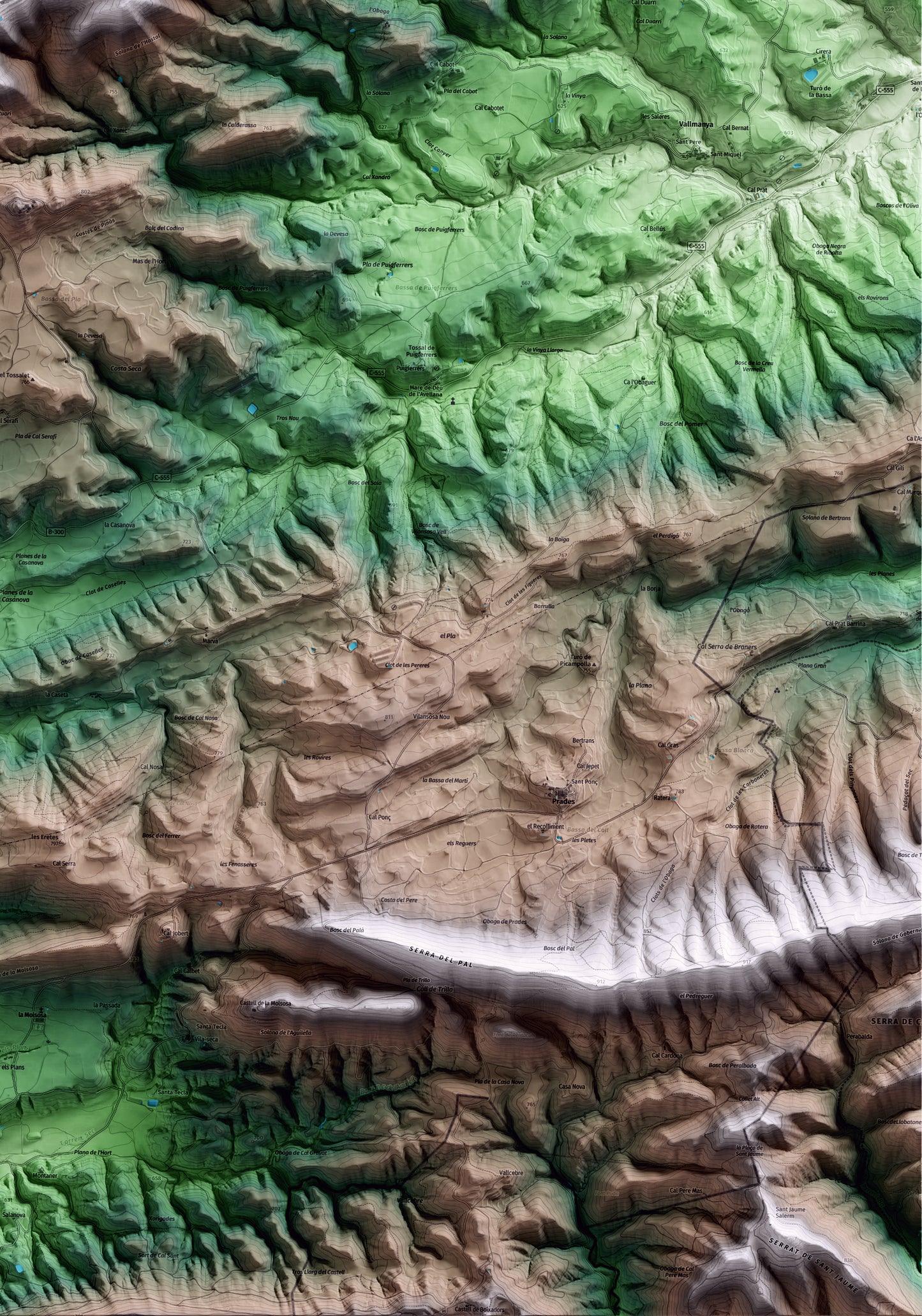 Mapa artístico del relieve de Pinós, al Solsonès, con 15 km de entorno y base topográfica ICGC. Detalle de la zona inferior derecha.