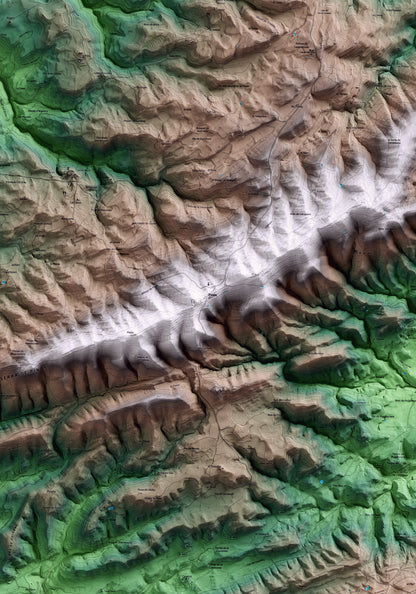 Mapa artístico del relieve de Pinós, al Solsonès, con 15 km de entorno y base topográfica ICGC. Detalle de la zona central.