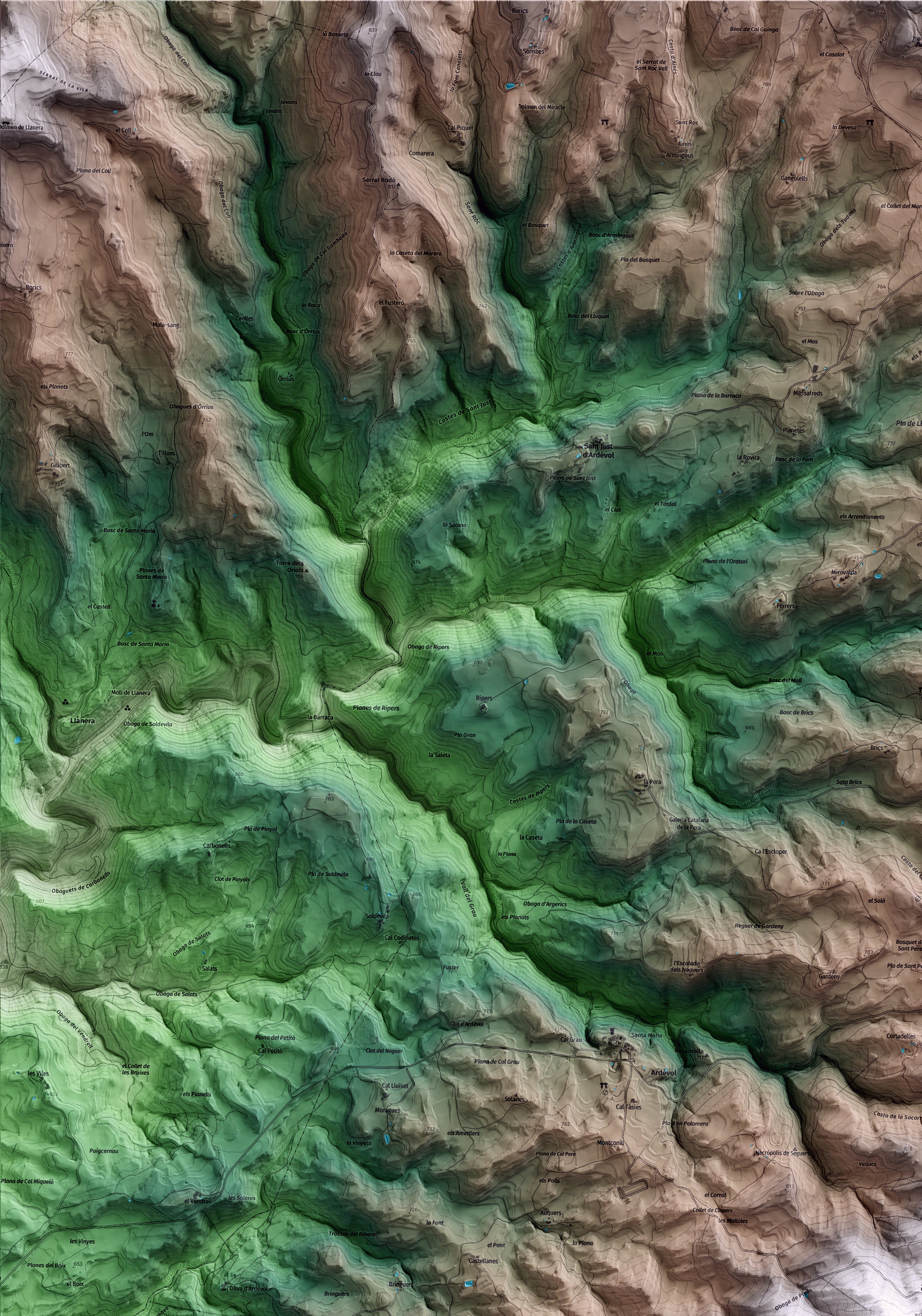 Mapa artístico del relieve de Pinós, al Solsonès, con 15 km de entorno y base topográfica ICGC. Detalle de la zona superior izquierda.