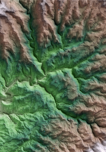 Mapa artístico del relieve de Pinós, al Solsonès, con 15 km de entorno y base topográfica ICGC. Detalle de la zona superior izquierda.