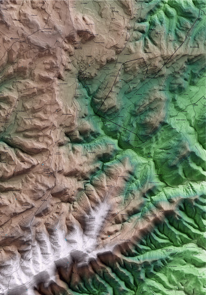 Mapa artístico del relieve de Pinós, al Solsonès, con 15 km de entorno y base topográfica ICGC. Detalle de la zona superior derecha.