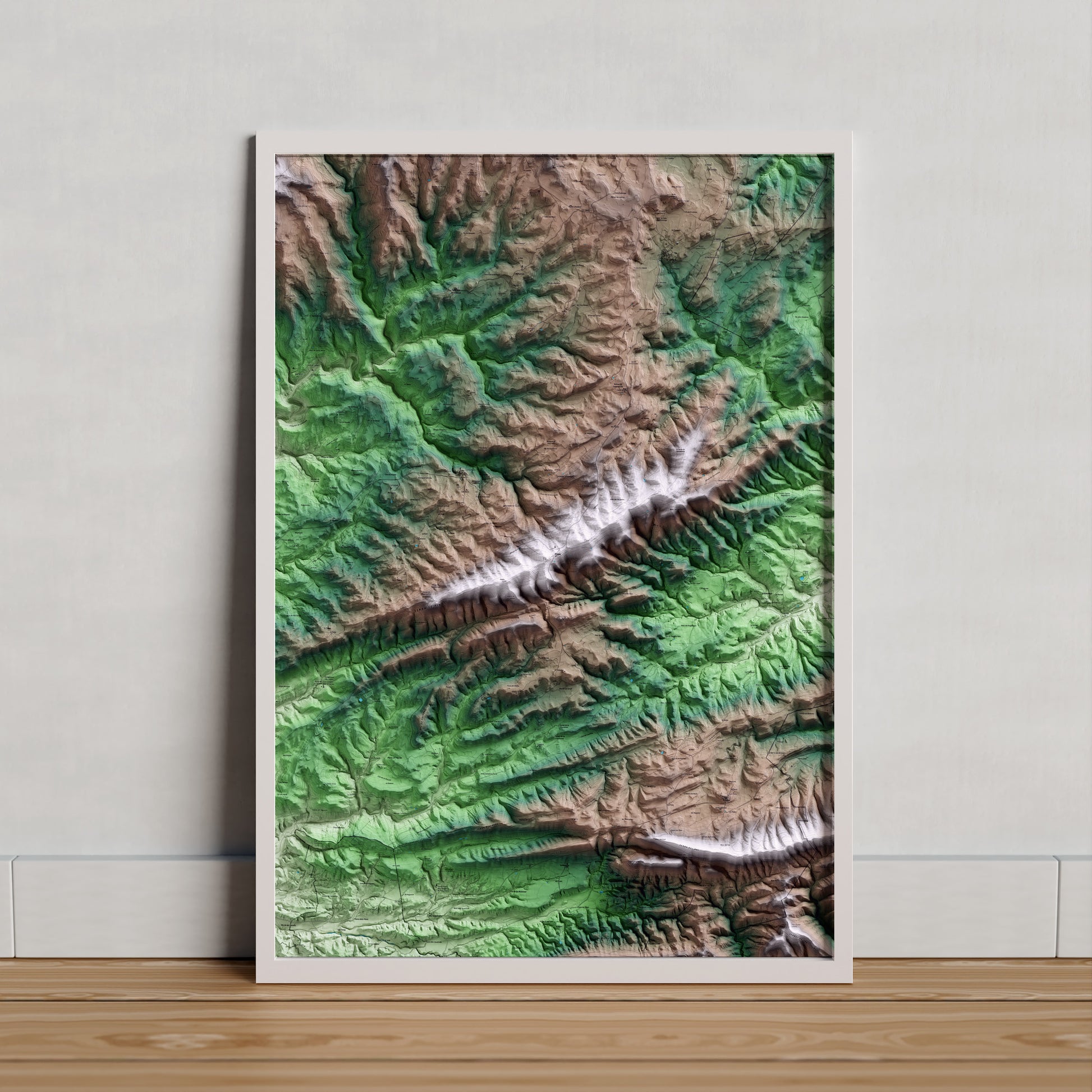 Mapa artístico del relieve de Pinós, al Solsonès, con 15 km de entorno y base topográfica ICGC. Presentación enmarcada.
