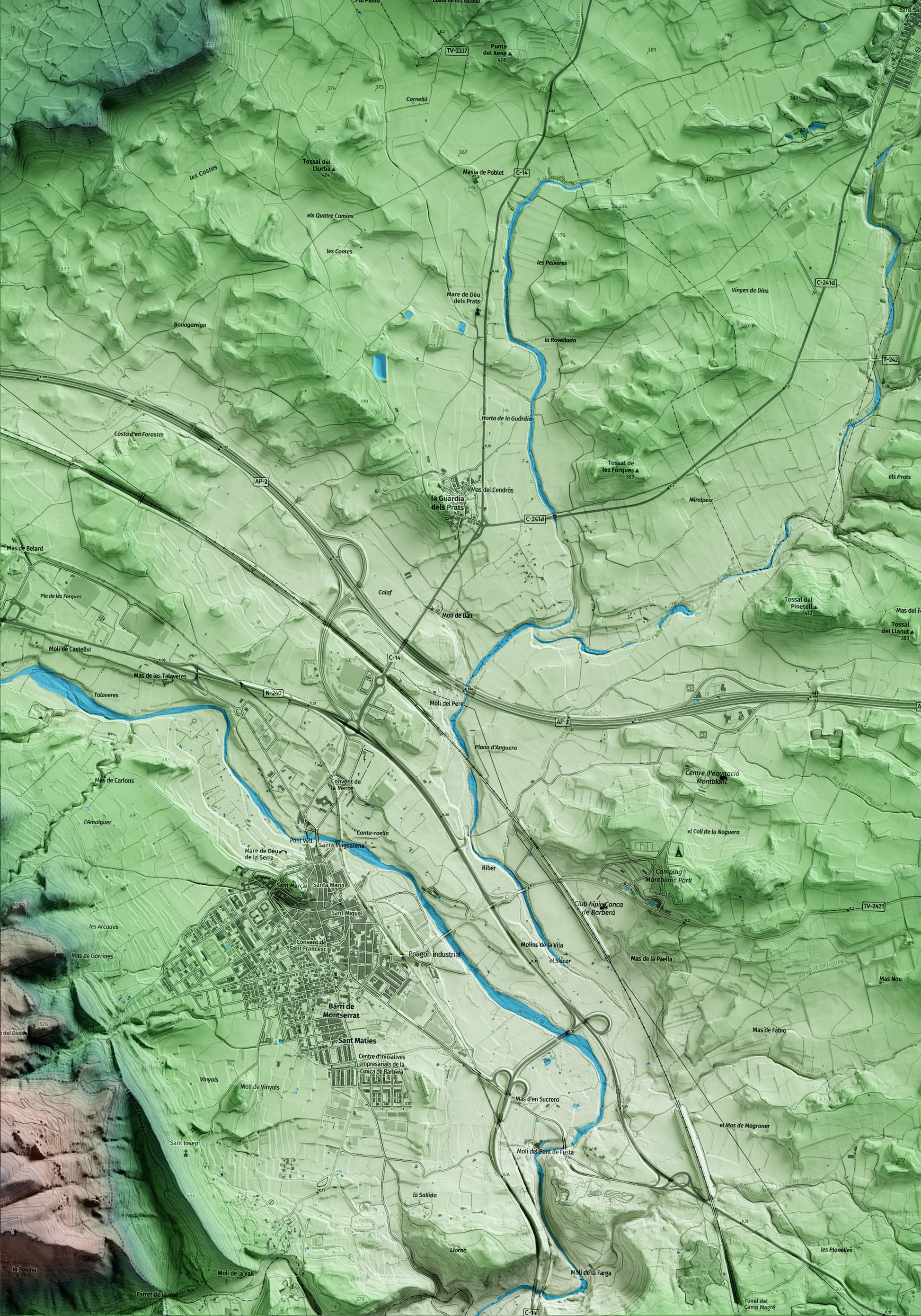Mapa artístico del relieve de Pira, a la Conca de Barberà, con 15 km de entorno y base topográfica ICGC. Detalle de la zona inferior izquierda.