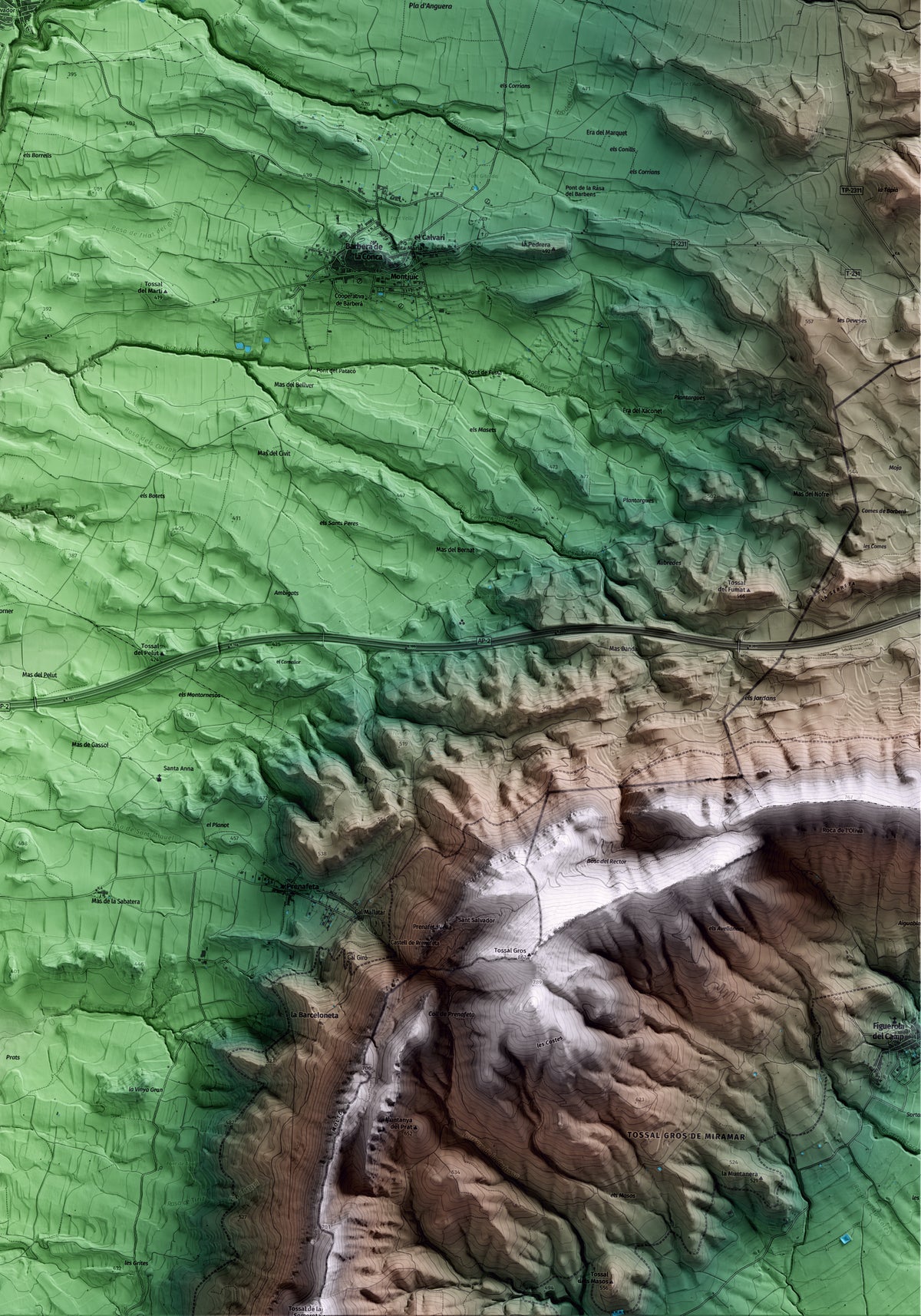 Mapa artístico del relieve de Pira, a la Conca de Barberà, con 15 km de entorno y base topográfica ICGC. Detalle de la zona inferior derecha.