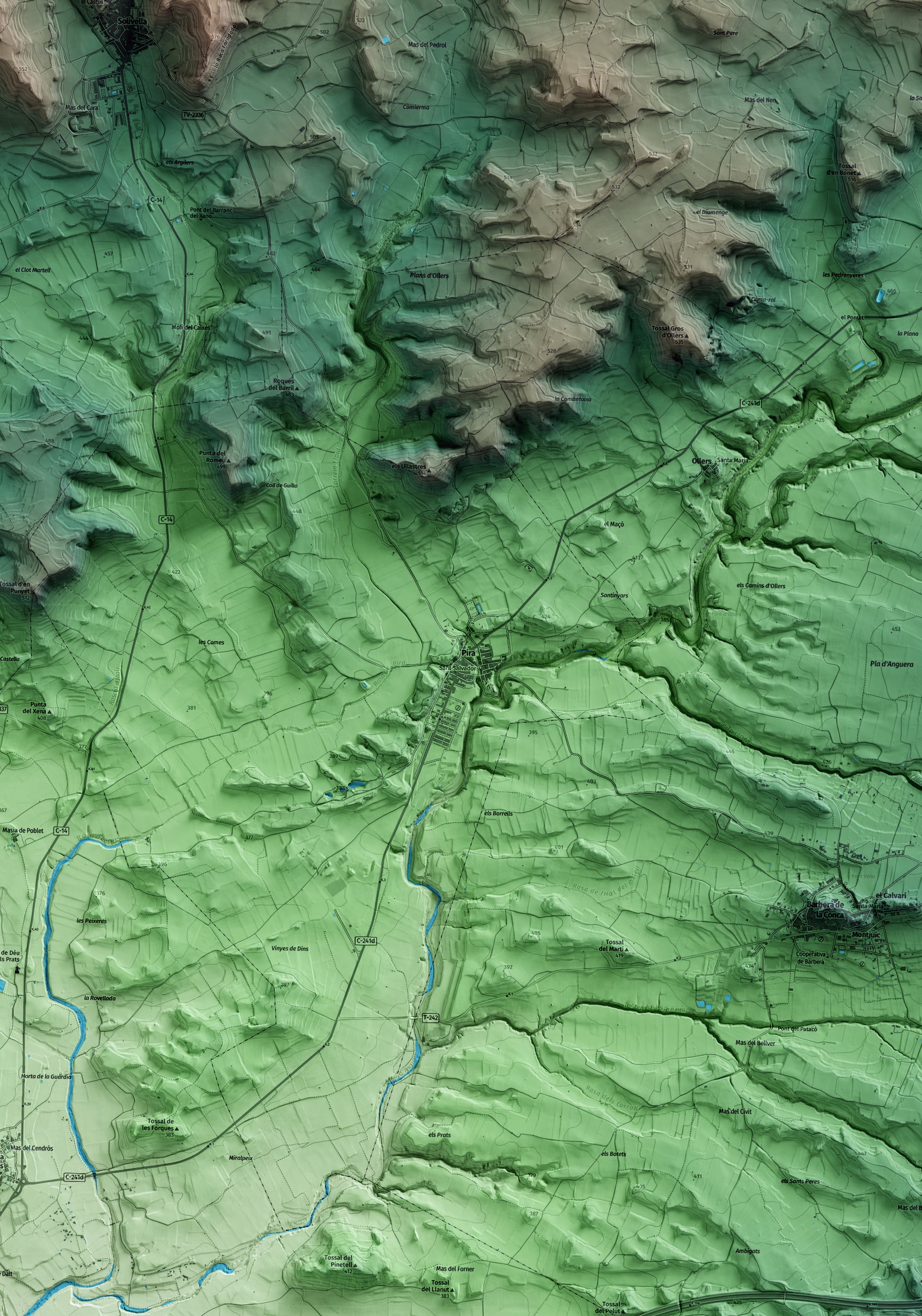 Mapa artístico del relieve de Pira, a la Conca de Barberà, con 15 km de entorno y base topográfica ICGC. Detalle de la zona central.