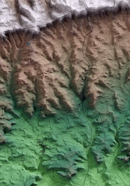 Mapa artístico del relieve de Pira, a la Conca de Barberà, con 15 km de entorno y base topográfica ICGC. Detalle de la zona superior izquierda.