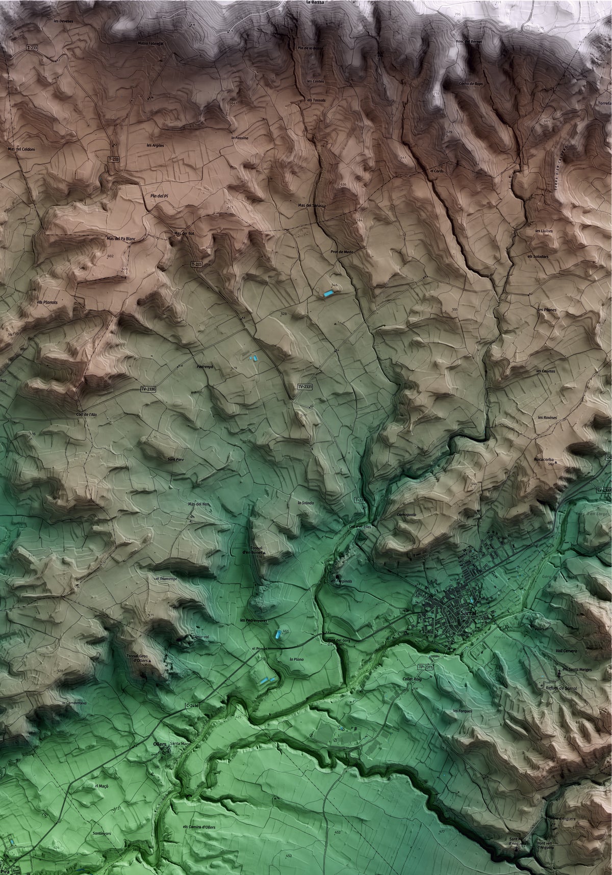 Mapa artístico del relieve de Pira, a la Conca de Barberà, con 15 km de entorno y base topográfica ICGC. Detalle de la zona superior derecha.