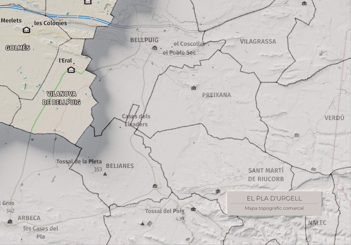 Mapa de relleu del Pla d’Urgell, amb el territori en color i l’entorn en blanc. Detall de la part inferior dreta. 21 × 30 cm. Estil Cartogràfic.