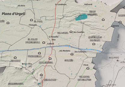 Mapa de relleu del Pla d’Urgell, amb el territori en color i l’entorn en blanc. Detall de la part central. 21 × 30 cm. Estil Cartogràfic.