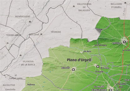 Mapa de relleu del Pla d’Urgell, amb el territori en color i l’entorn en blanc. Detall de la part superior esquerra. 21 × 30 cm. Estil Clàssic.