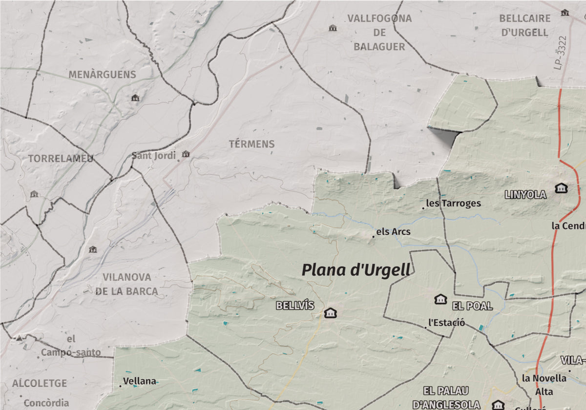 Mapa de relleu del Pla d’Urgell, amb el territori en color i l’entorn en blanc. Detall de la part superior esquerra. 21 × 30 cm. Estil Cartogràfic.