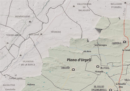 Mapa de relleu del Pla d’Urgell, amb el territori en color i l’entorn en blanc. Detall de la part superior esquerra. 21 × 30 cm. Estil Cartogràfic.