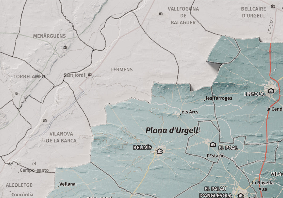Mapa de relleu del Pla d’Urgell, amb el territori en color i l’entorn en blanc. Detall de la part superior esquerra. 21 × 30 cm. Estil Blau i taronja.