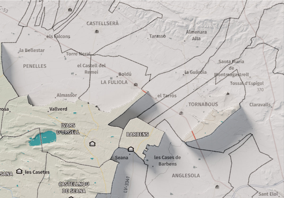 Mapa de relleu del Pla d’Urgell, amb el territori en color i l’entorn en blanc. Detall de la part superior dreta. 21 × 30 cm. Estil Cartogràfic.