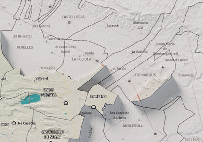 Mapa de relleu del Pla d’Urgell, amb el territori en color i l’entorn en blanc. Detall de la part superior dreta. 21 × 30 cm. Estil Cartogràfic.