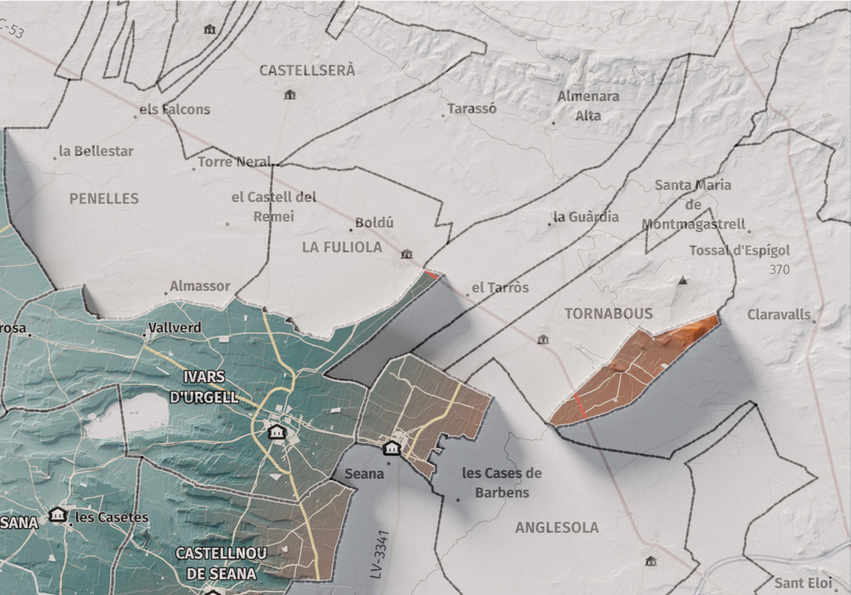 Mapa de relleu del Pla d’Urgell, amb el territori en color i l’entorn en blanc. Detall de la part superior dreta. 21 × 30 cm. Estil Blau i taronja.