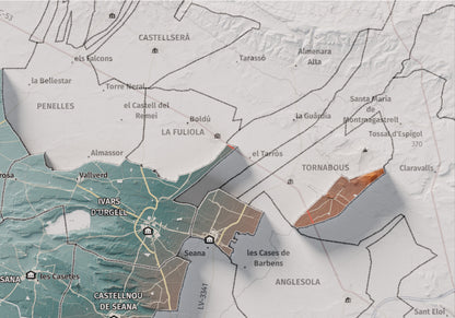 Mapa de relleu del Pla d’Urgell, amb el territori en color i l’entorn en blanc. Detall de la part superior dreta. 21 × 30 cm. Estil Blau i taronja.