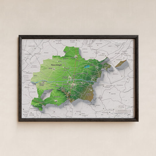 Mapa de relieve del Pla d’Urgell, con el territorio en color y el entorno en blanco. Presentación con marco. 21 × 30 cm. Estilo Clásico.