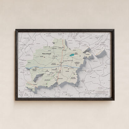 Mapa de relleu del Pla d’Urgell, amb el territori en color i l’entorn en blanc. Presentació amb marc. 21 × 30 cm. Estil Cartogràfic.