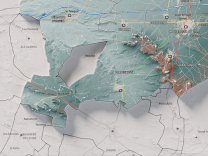 Mapa de relleu del Pla d’Urgell, amb el territori en color i l’entorn en blanc. Detall de la part inferior esquerra. 30 × 40 cm. Estil Blau i taronja.