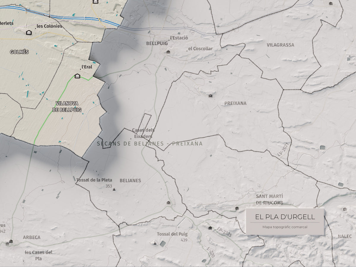 Mapa de relleu del Pla d’Urgell, amb el territori en color i l’entorn en blanc. Detall de la part inferior dreta. 30 × 40 cm. Estil Cartogràfic.