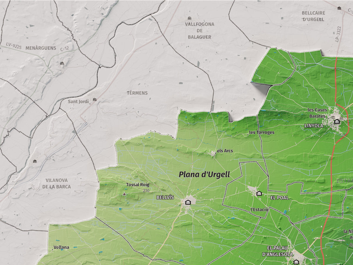 Mapa de relleu del Pla d’Urgell, amb el territori en color i l’entorn en blanc. Detall de la part superior esquerra. 30 × 40 cm. Estil Clàssic.