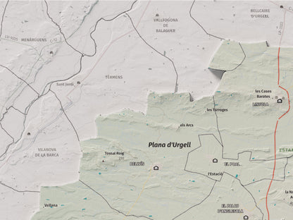Mapa de relleu del Pla d’Urgell, amb el territori en color i l’entorn en blanc. Detall de la part superior esquerra. 30 × 40 cm. Estil Cartogràfic.