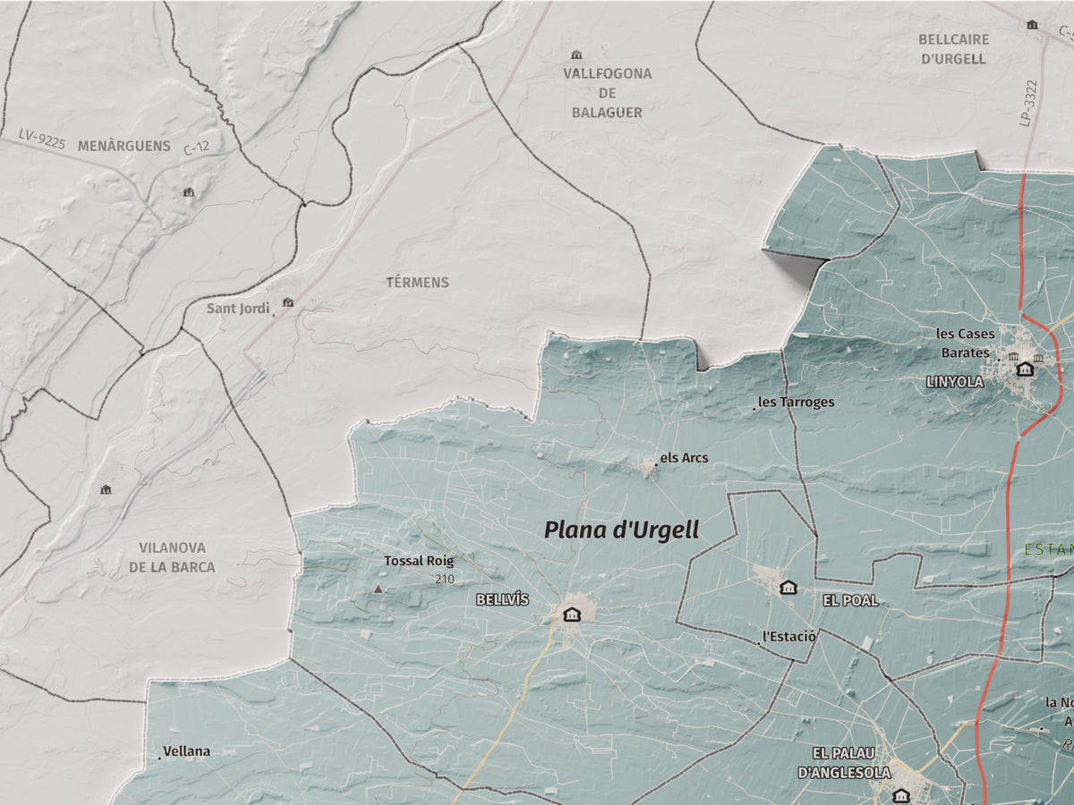 Mapa de relleu del Pla d’Urgell, amb el territori en color i l’entorn en blanc. Detall de la part superior esquerra. 30 × 40 cm. Estil Blau i taronja.