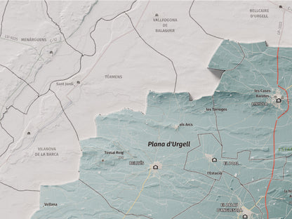 Mapa de relleu del Pla d’Urgell, amb el territori en color i l’entorn en blanc. Detall de la part superior esquerra. 30 × 40 cm. Estil Blau i taronja.
