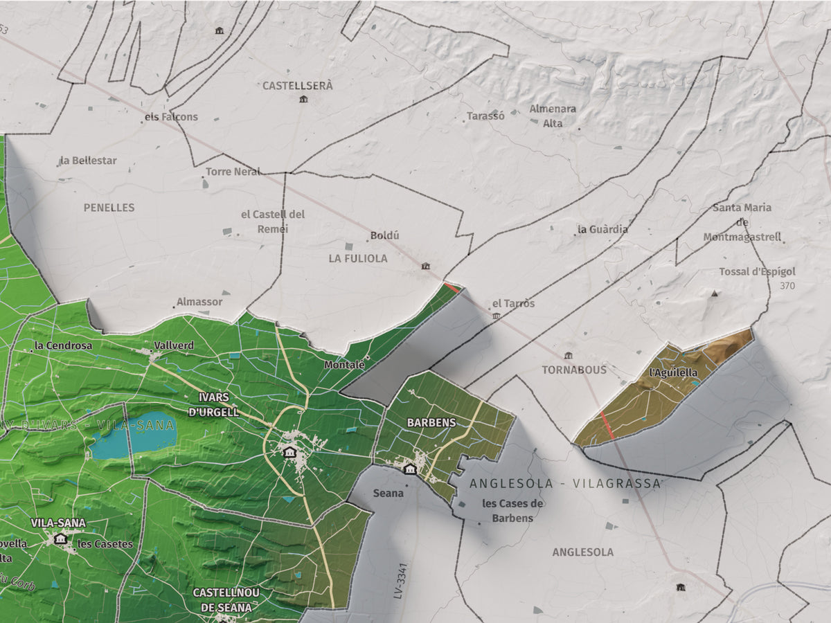 Mapa de relleu del Pla d’Urgell, amb el territori en color i l’entorn en blanc. Detall de la part superior dreta. 30 × 40 cm. Estil Clàssic.