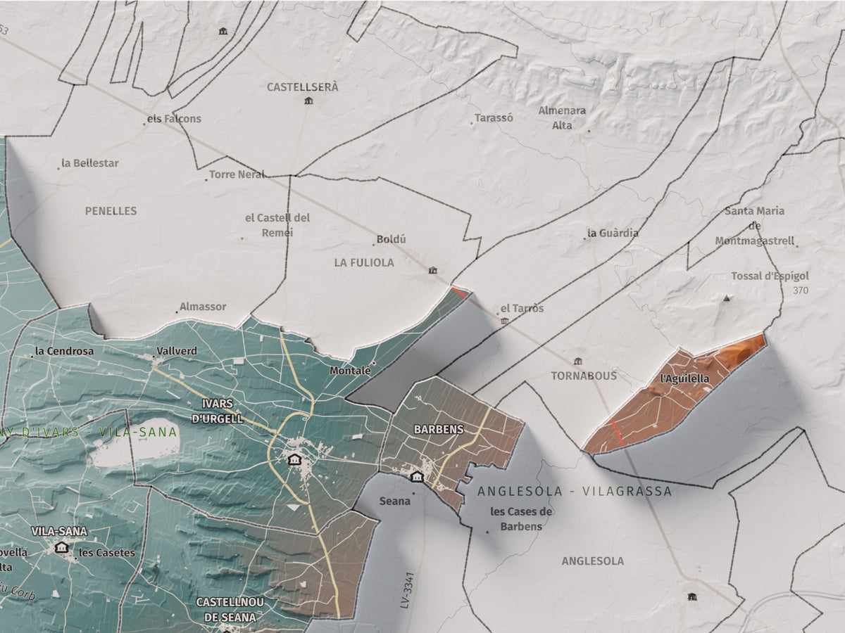 Mapa de relleu del Pla d’Urgell, amb el territori en color i l’entorn en blanc. Detall de la part superior dreta. 30 × 40 cm. Estil Blau i taronja.