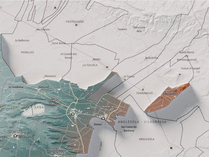 Mapa de relleu del Pla d’Urgell, amb el territori en color i l’entorn en blanc. Detall de la part superior dreta. 30 × 40 cm. Estil Blau i taronja.